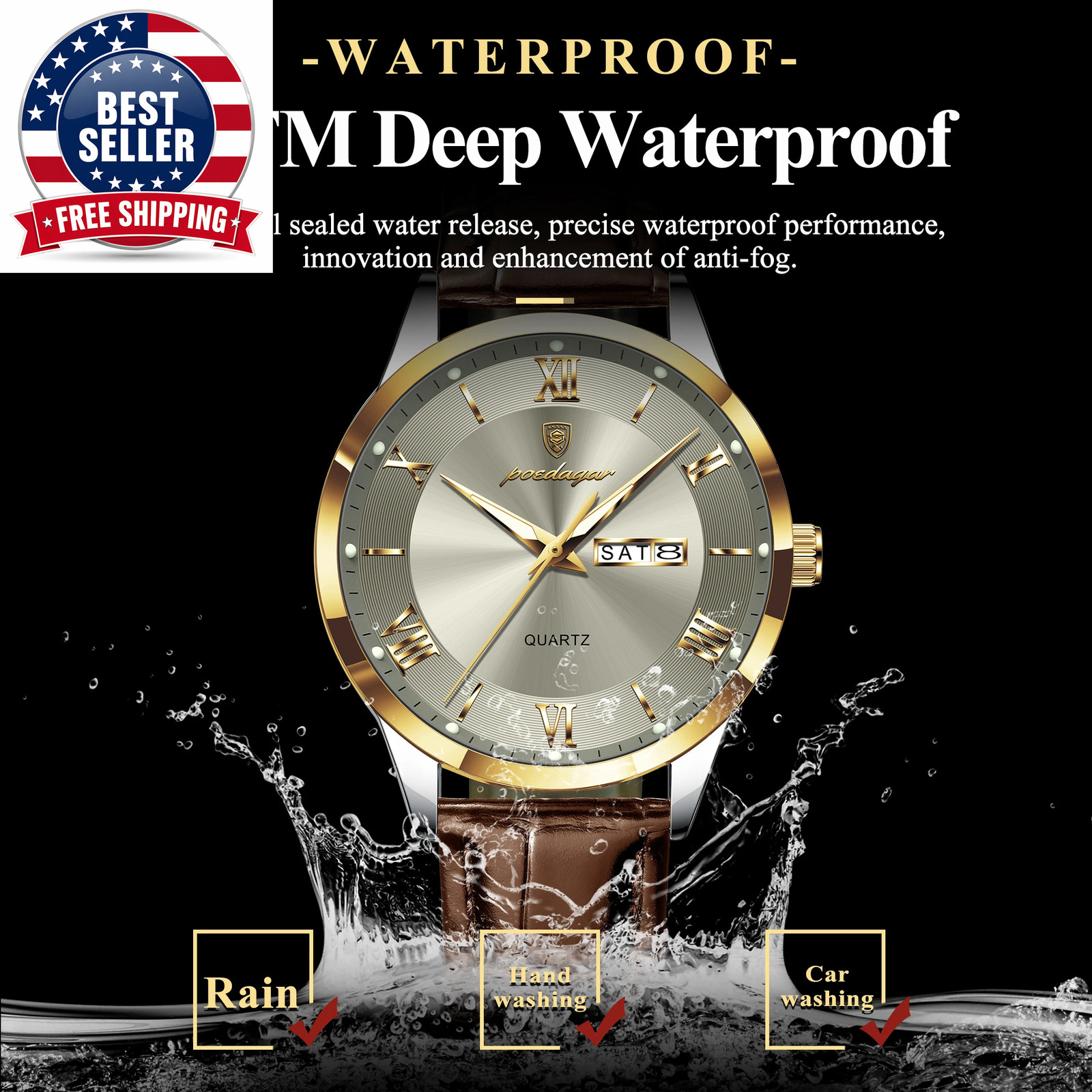 Original Fashion Watch for Man Leather Date Week Quartz Men Watch Waterproof Lum