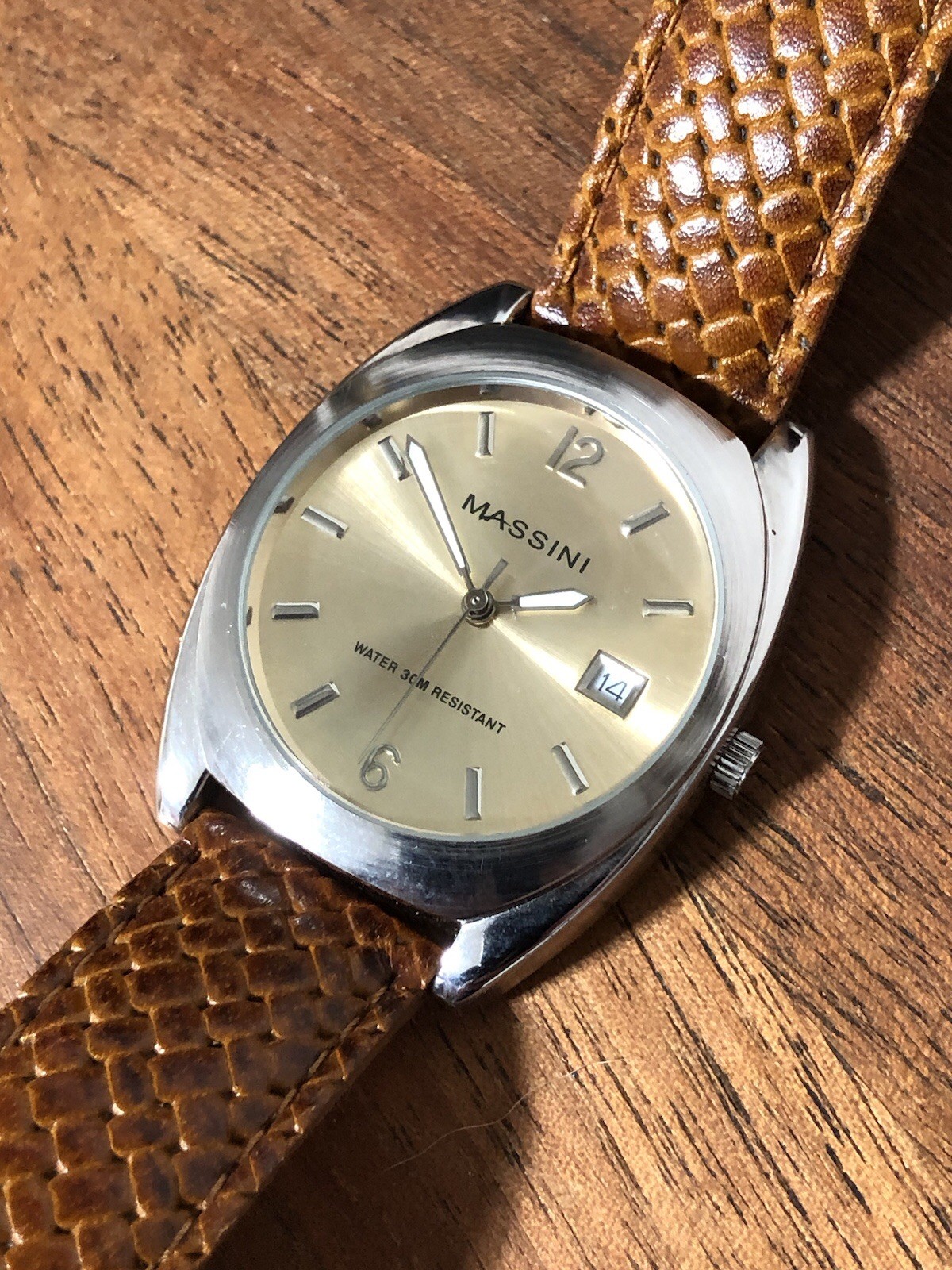 Massini Watch Silver Tone Brown Leather Band Japan Quartz,Date,35mm New Battery