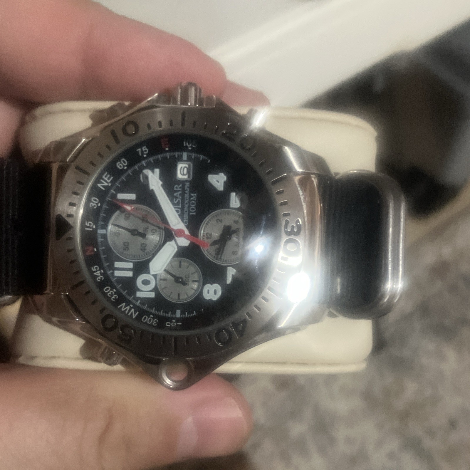 Seiko Mens Quartz Chronograph Date 100m Black Dial Silver SS Black Nylon