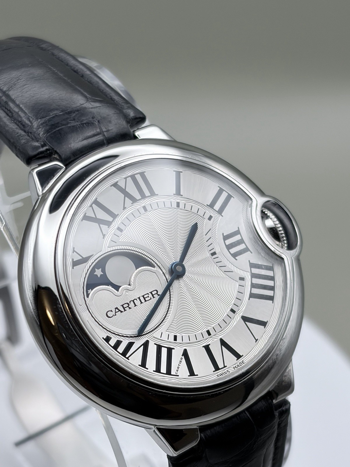 Cartier Ballon Bleu Moon Phase Automatic Swiss Steel Silver Dial Black Strap