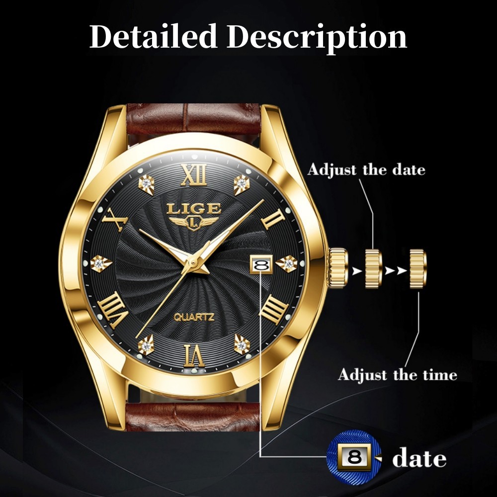 LIGE Men’s Watch Leather Watches Waterproof Luminous Quartz Date Man Wristwatch