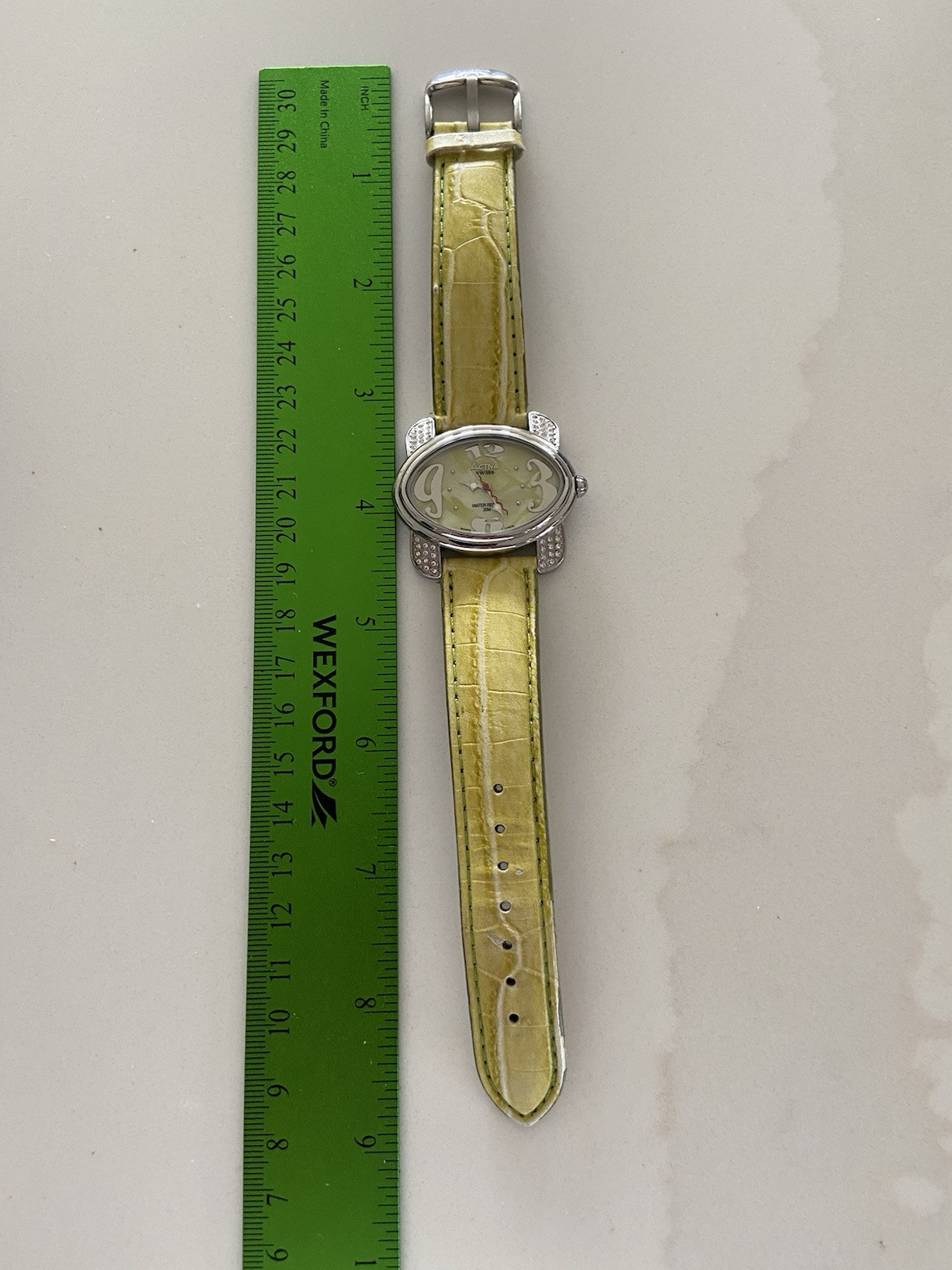 Activa Swiss Silver Tone Oval Case Yellow Canvas Leather Band Watch New Battery