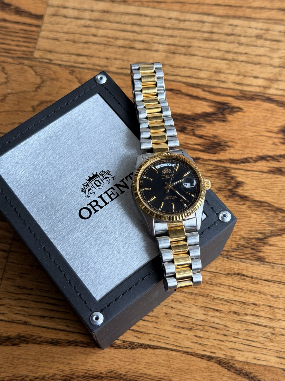 Orient President Automatic Day-Date Two-Tone 36mm Black Dial Box Papers
