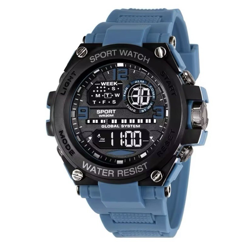 Men’s Sport Wristwatch Analog Digital Quartz Blue Black Water-Resistant Alarm