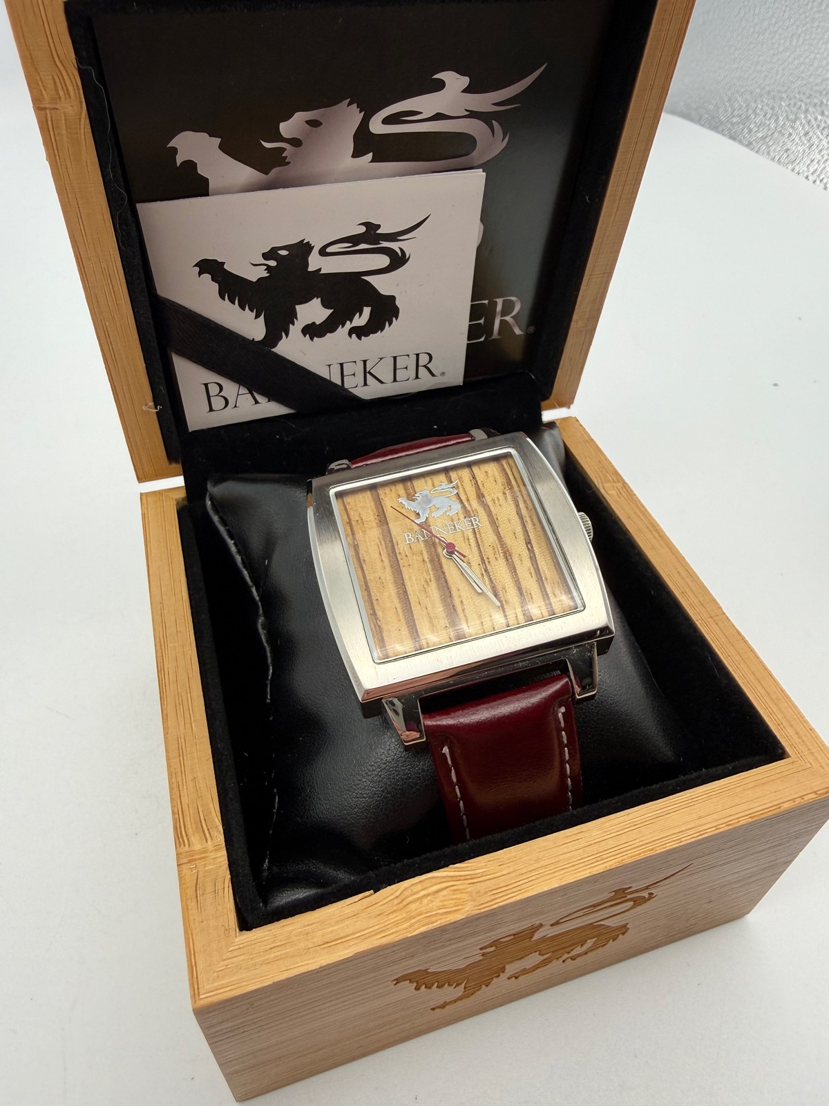 Banneker Baller Burgundy Watch Zebra Wood Dial Leather Numbered Series Unisex