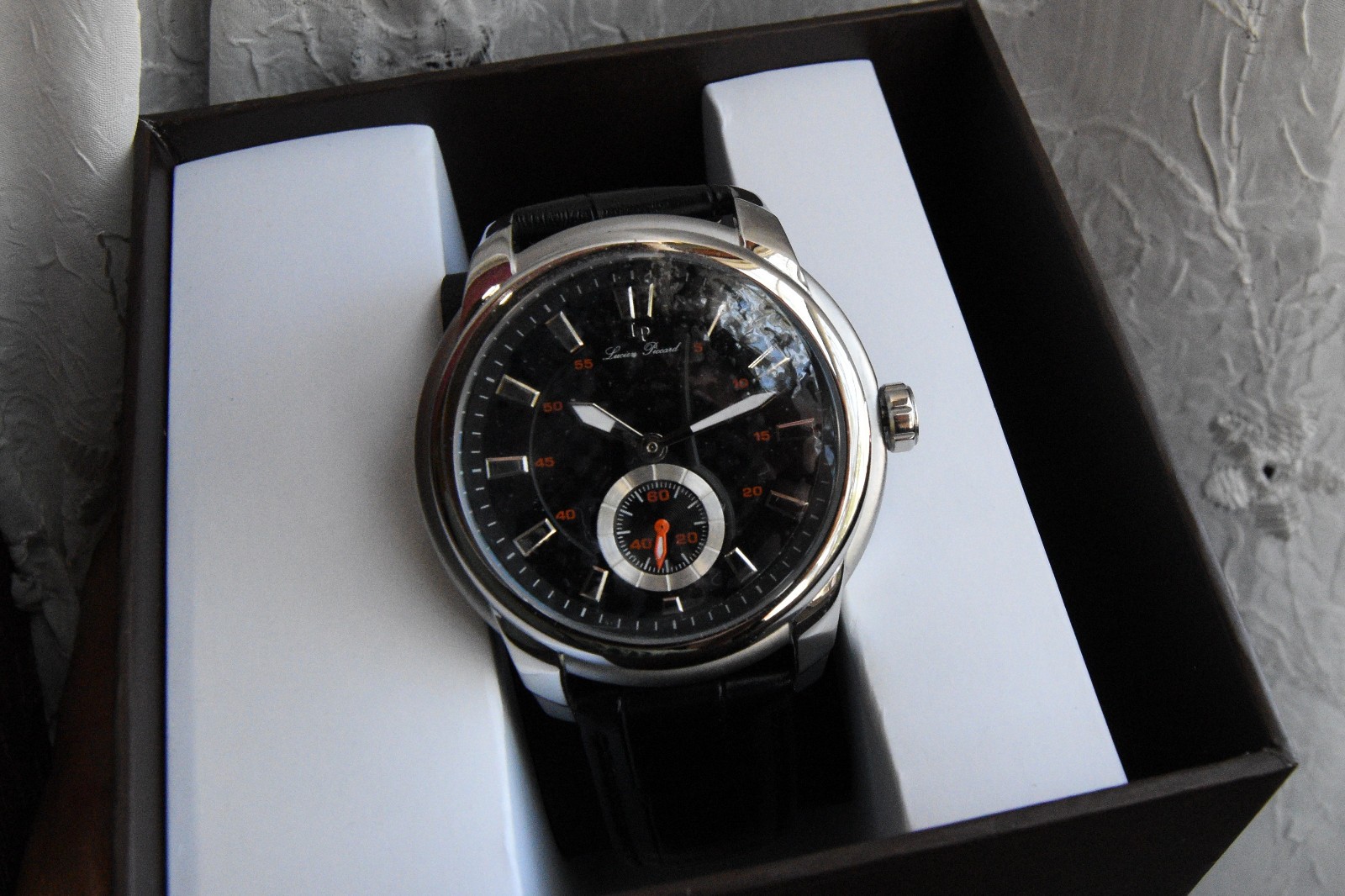 NOS! lucien piccard Duval watch black large 50mm carbon fiber style dial 100m
