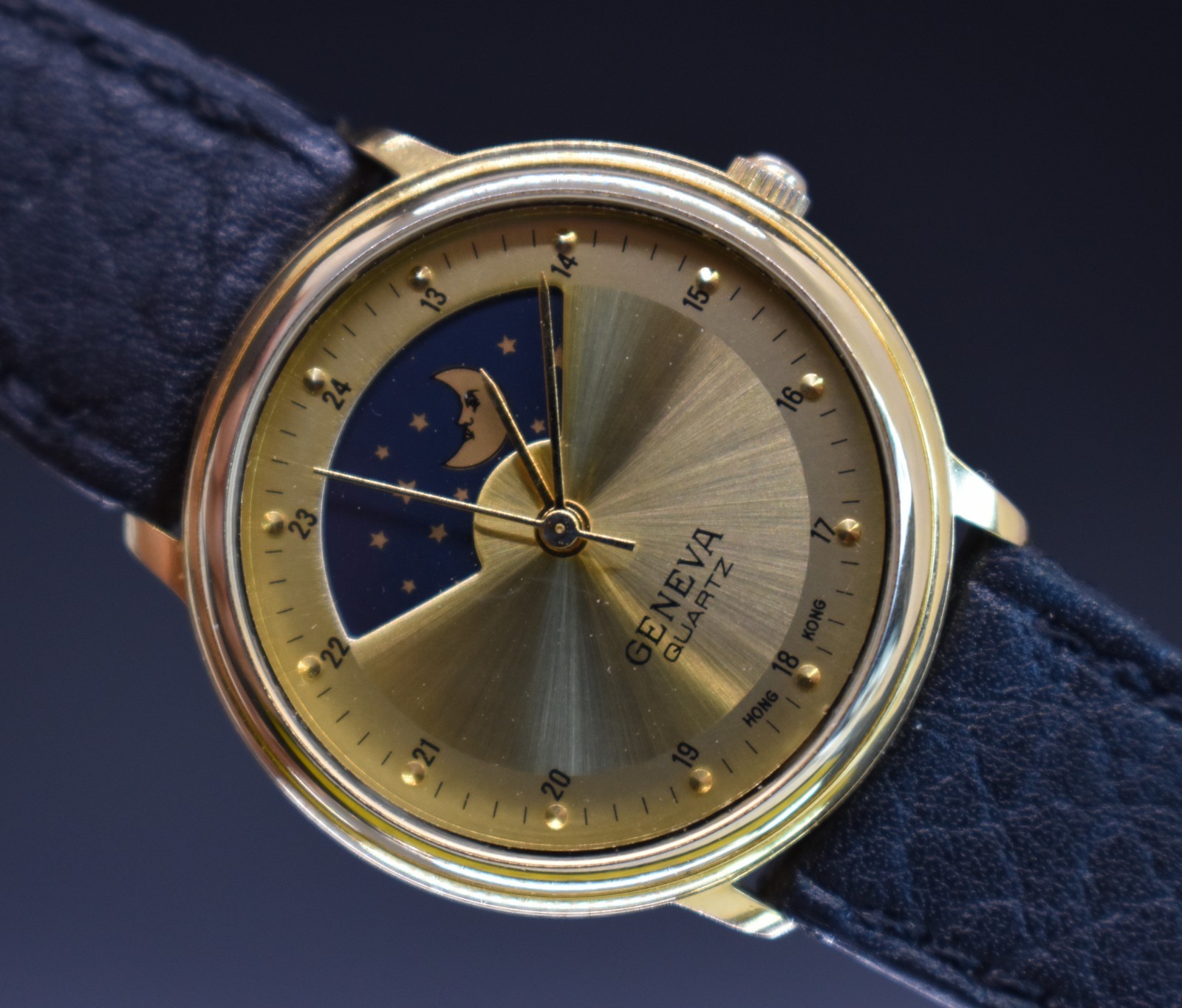 Vtg GENEVA Moon Phase Watch Gold Tone Dress Elegant NEW BATTERY & BAND