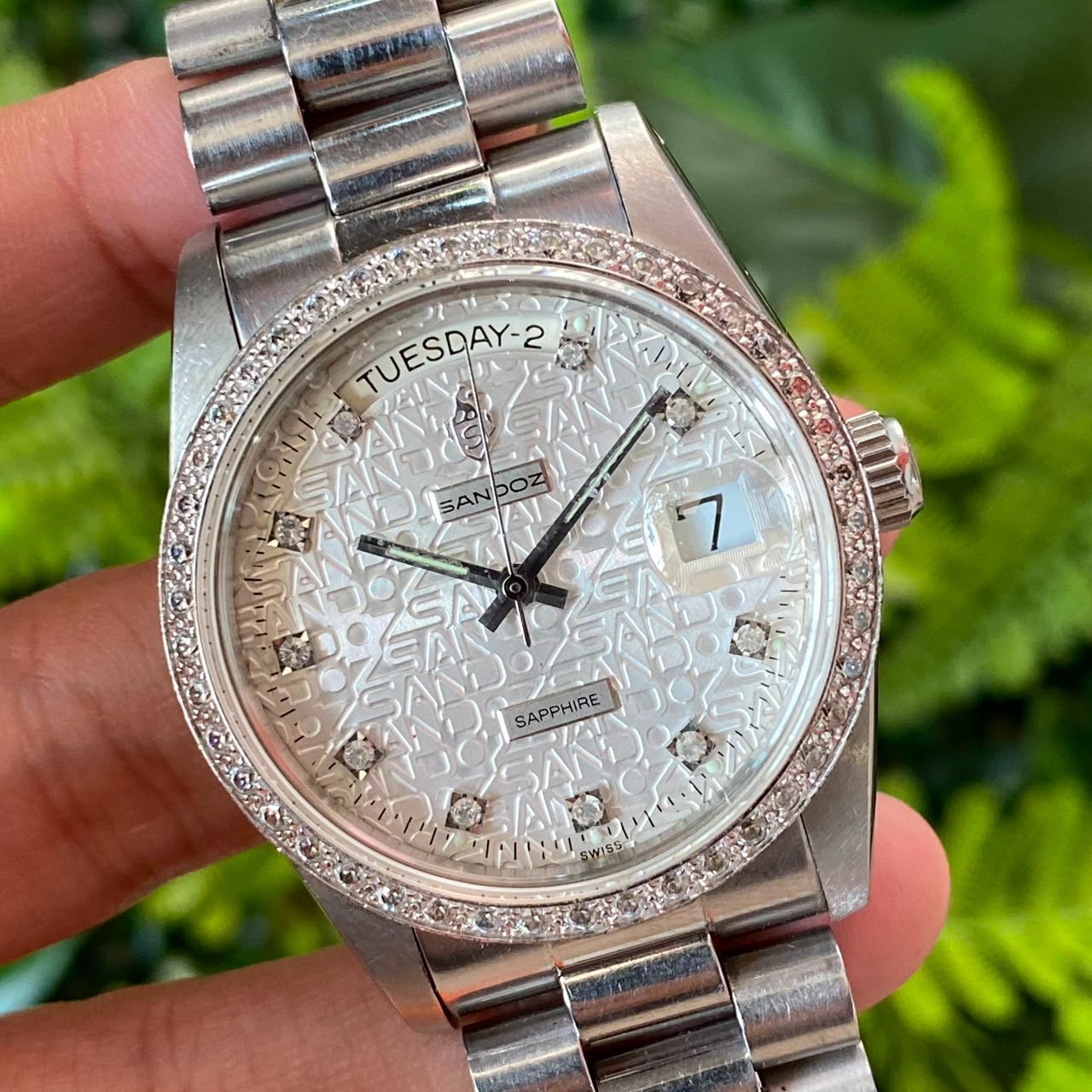 RARE Sandoz President Computer Dial White Dial Diamond Automatic Day Date Watch