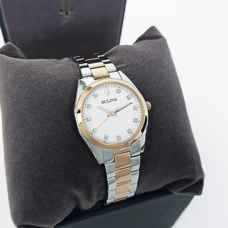 Bulova Surveyor Diamonds Gold Bracelet White Dial Women 98P207 Quartz Watch 31mm