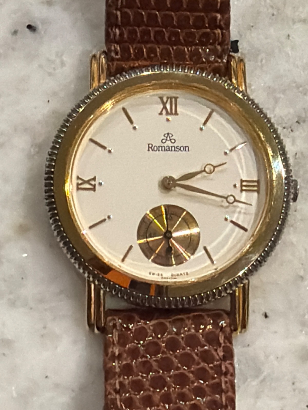 ICONIC ROMANSON LUXURY WATCH GOLD BEZEL LATIN CASE & SUB-SECOND