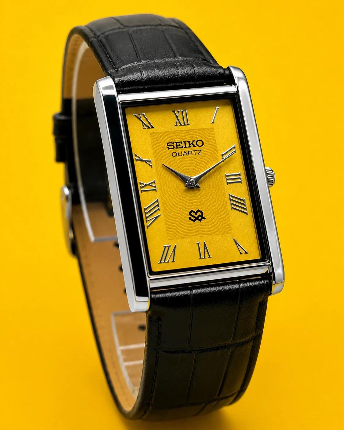 Vintage Refurbished Seiko Rectangular Yellow Dial Black Faux Leather Strap