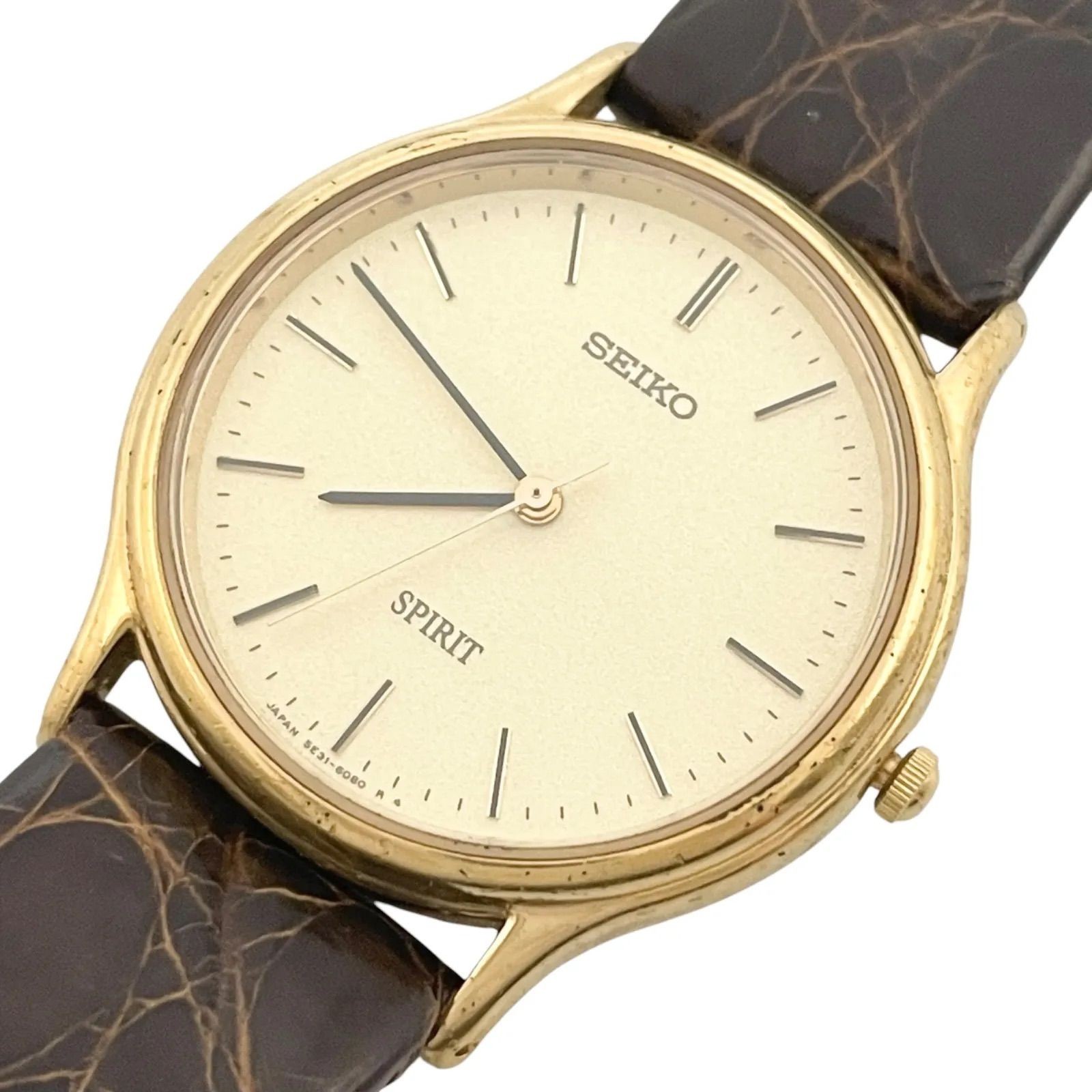 Working New Battery SEIKO SPIRIT Quartz Watch 5E31 6040 Gold Brown 3 Hand QZ Emb