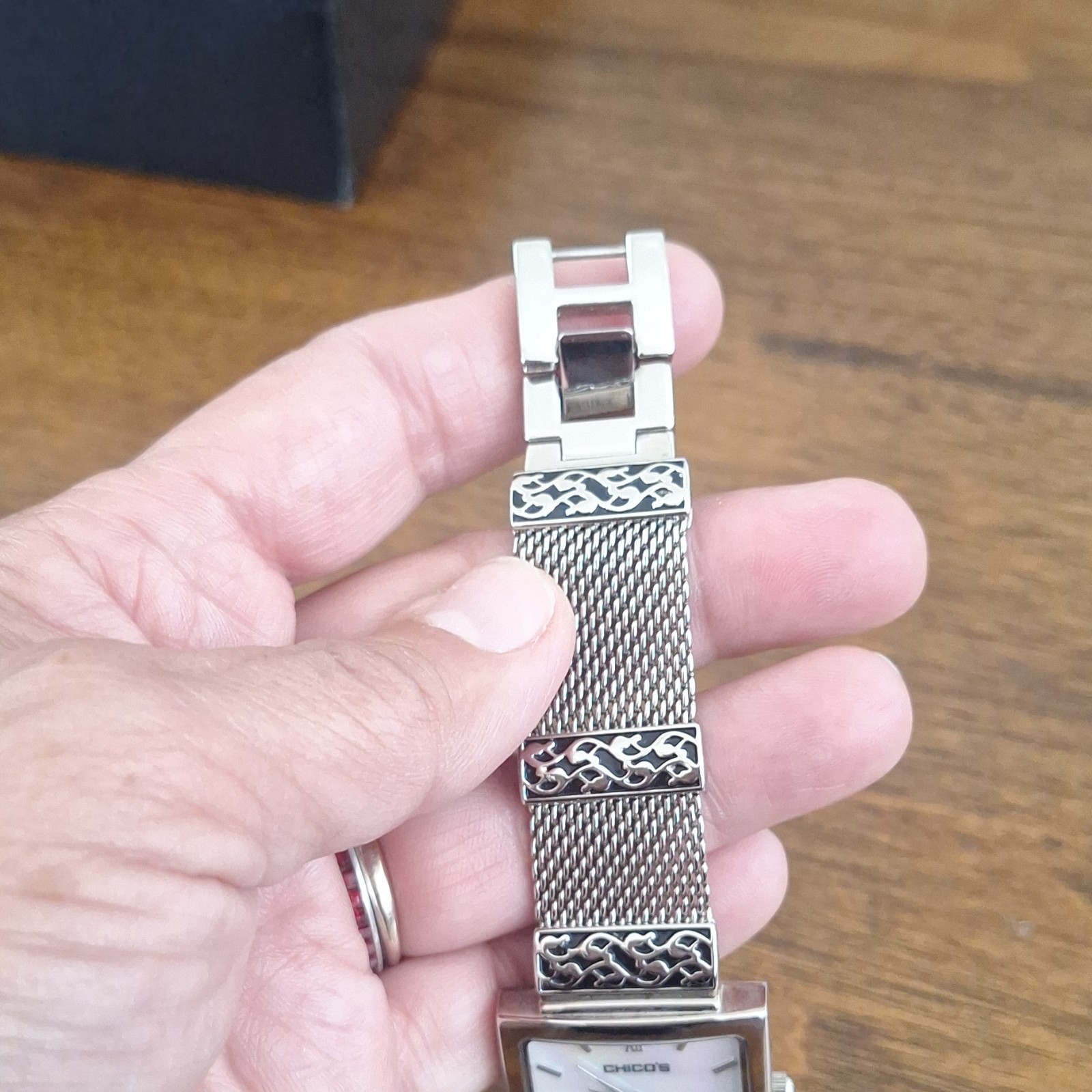 Chico’s Women’s Quartz Square Watch Silver Tone White Dial Roman Mesh Bracelet