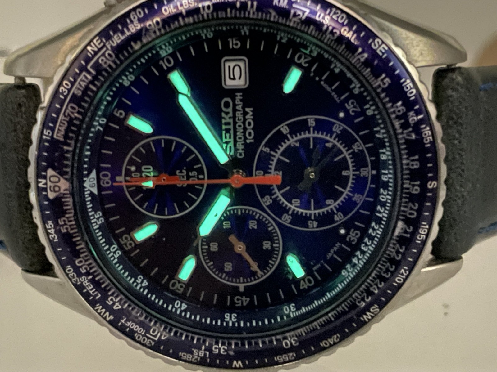 SEIKO Flight master Men’s Chronograph Watch Blue Dial New Band Battery 7T92-0CF0