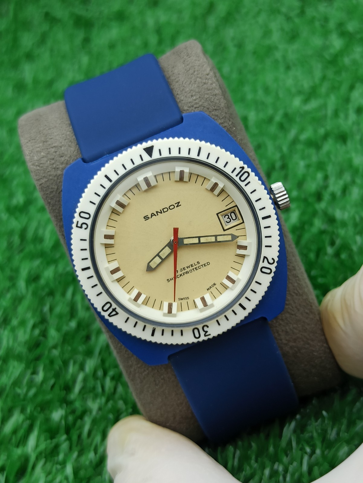 HYPER-RARE SANDOZ INCABLOC JUMBO DIVER BLUE WATCH MECHANICAL SWISS 1970s