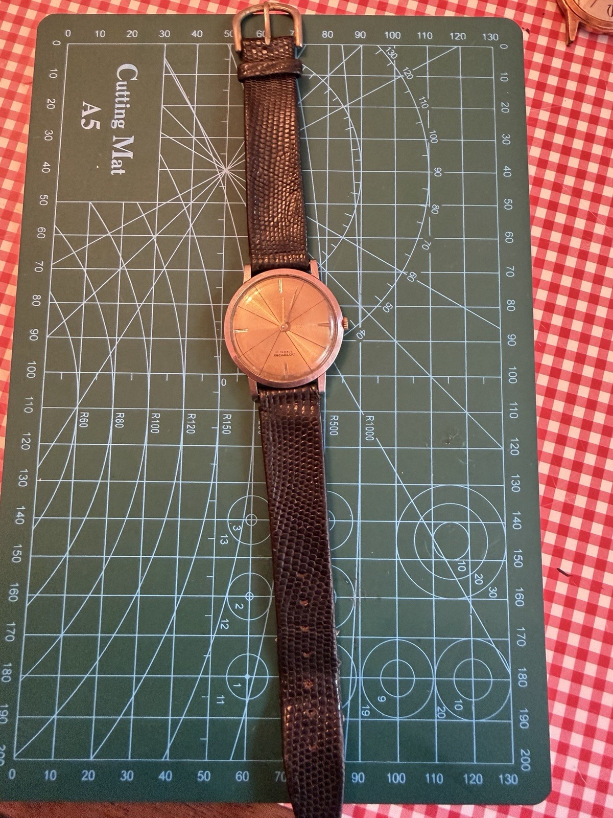 Vintage Incabloc 17 Jewel Manual Wind Gold Dial Watch Black Leather 33.3mm