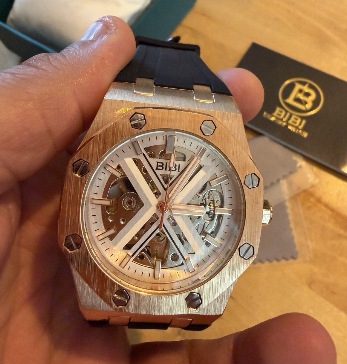 BIBI Automatic Skeleton Watch Rose Gold 42mm Octagon, Black Rubber, Box