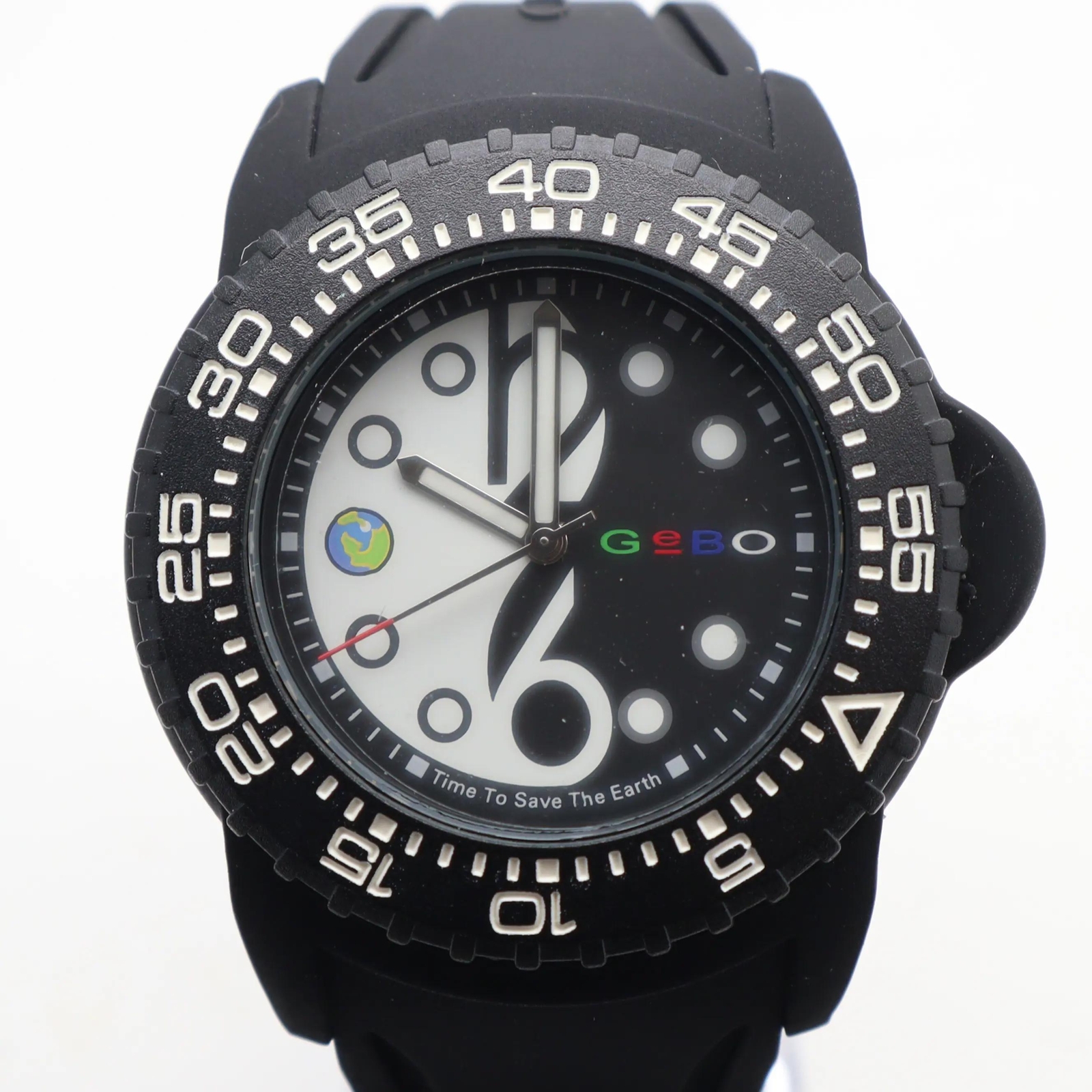 NOS GeBO 46mm Plastic Rubber Steel Black Yin Yang Dial Unisex Quartz Watch