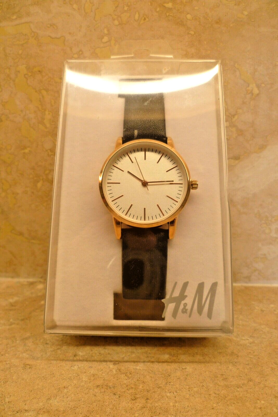 Smart Quartz H&M Watch Rose Gold Black Strap Champagne Ivory 30mm Face Dial