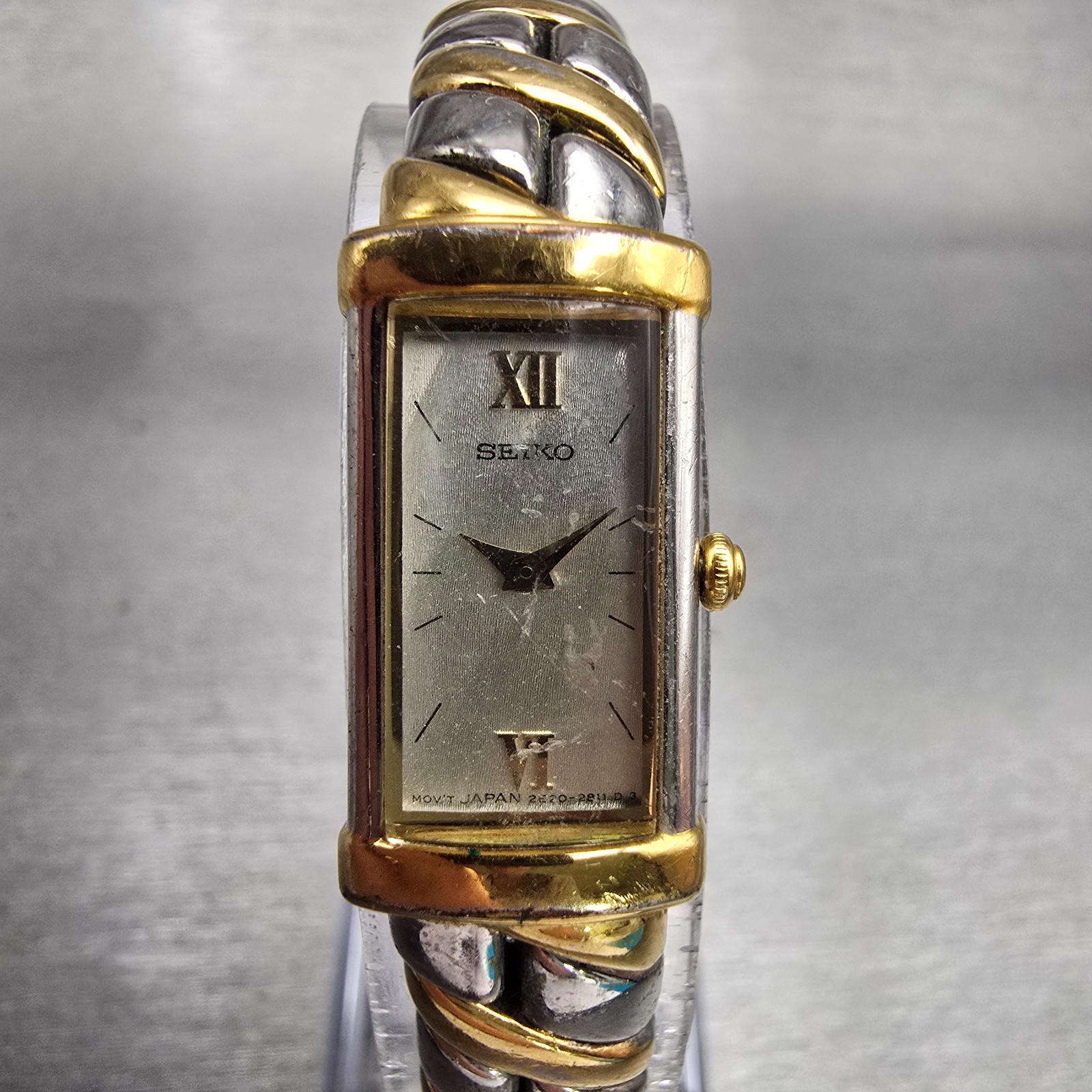 Seiko Watch Women 13mm MOP Dial Two Tone Rectangle 2E20-7259 New Battery VTG