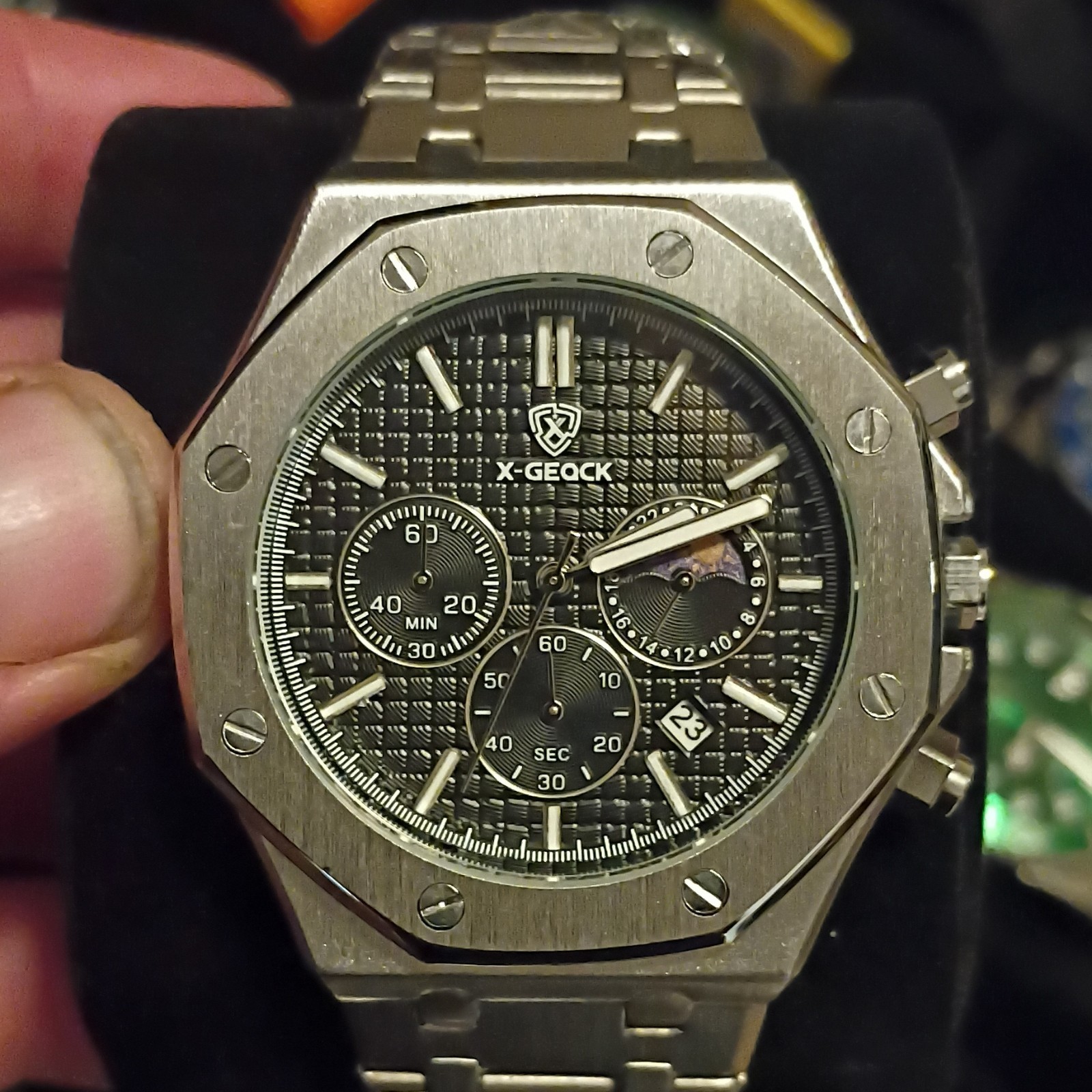 X-GEACK Men’s Quartz Chronograph Date Octagon Watch Silver Bracelet Black Dial