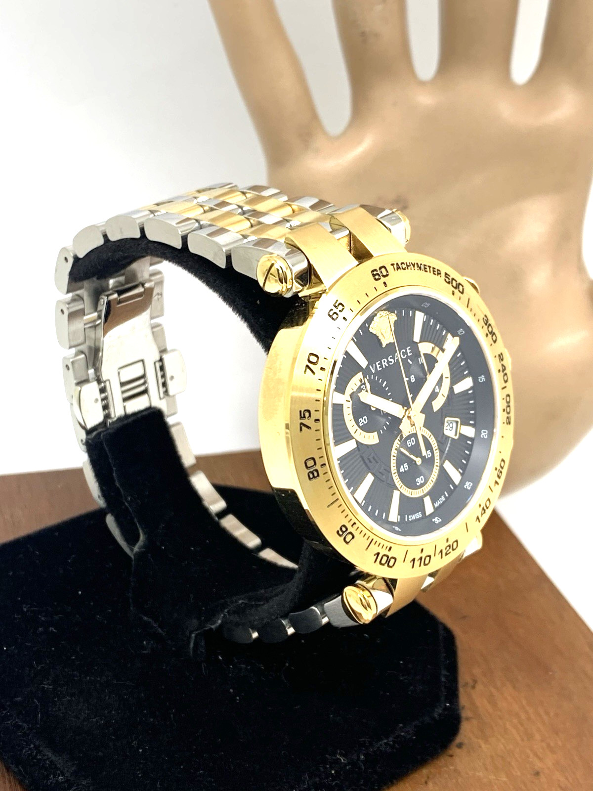 Versace Men’s Watch VEJB00622 Swiss Quartz Chronograph Black Dial Two Tone Steel