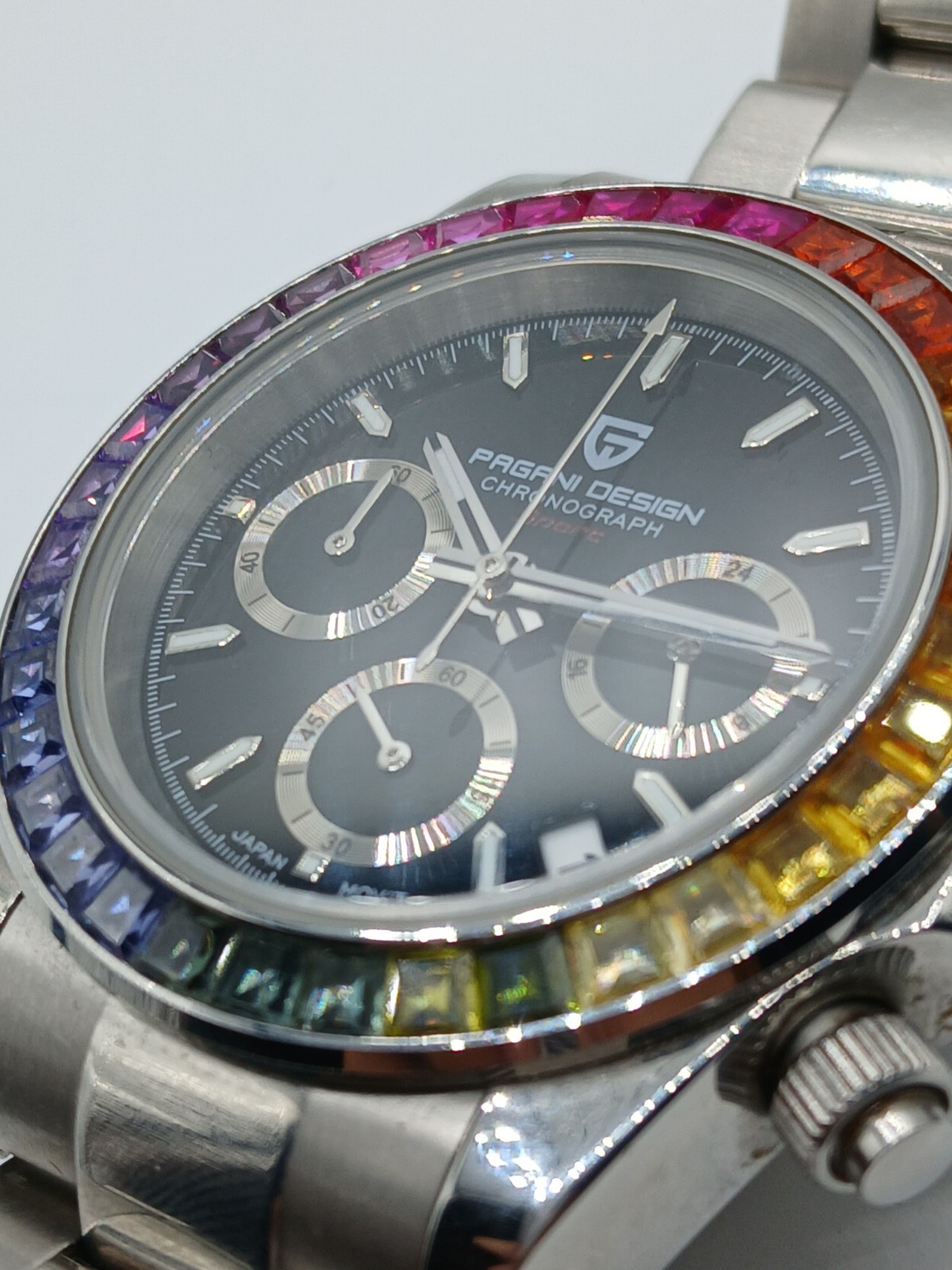Pagani Design PD-1644 Rainbow Chronograph Quartz Black Dial 40mm Steel Bracelet