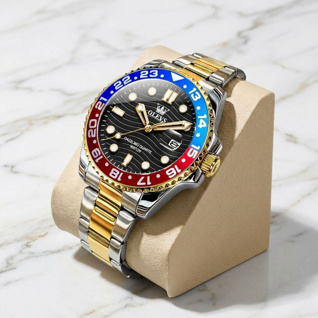 Men’s Waterproof Diver Quartz Silver Bracelet Watch Black Dial Pepsi Bezel Olevs