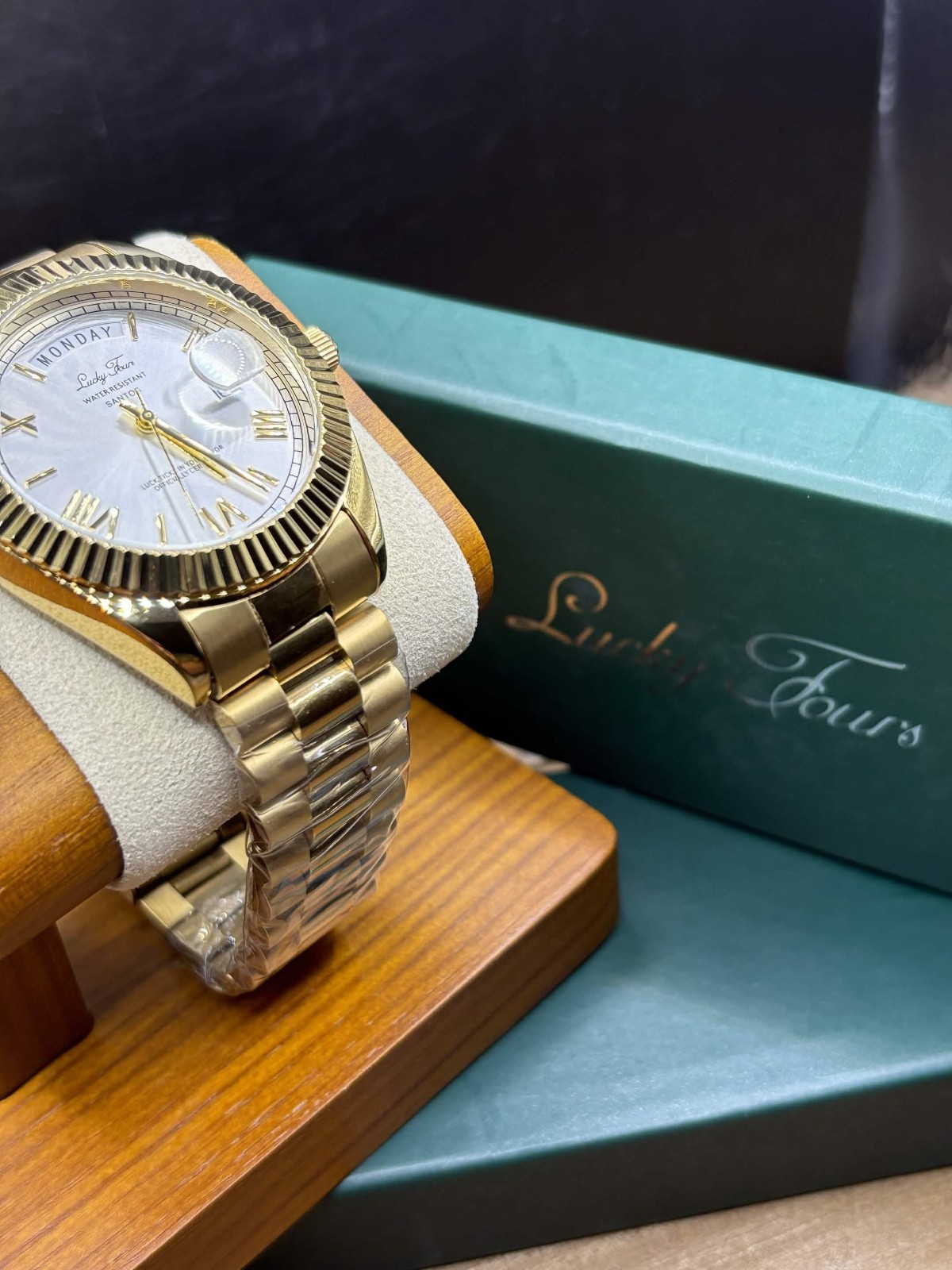 Lucky Fours Santos Day Date Men’s Watch Silver Dial Fluted Bezel New in Box