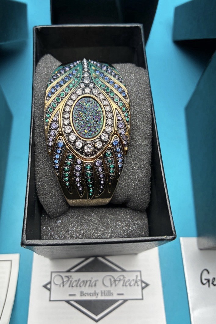 Victoria Wieck Beverly Hills Jeweled Peacock-Feather Cuff Watch – Model B8124 –