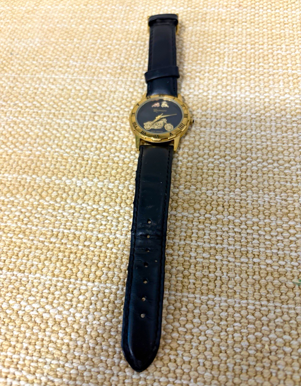 Rushmore Quartz Water Resistant Analog Motorcycle Watch Black Dial Gold Case