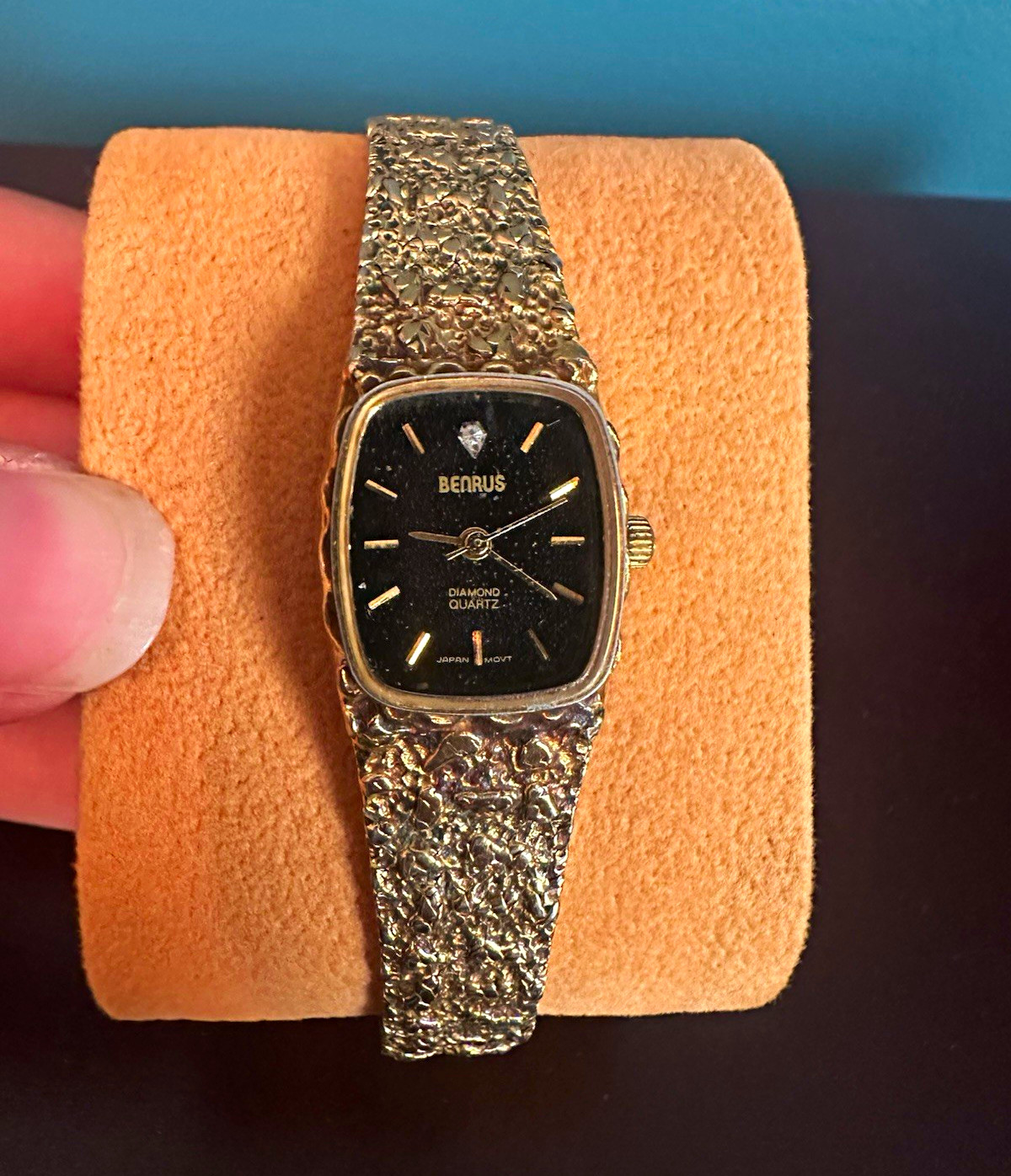 Benrus Diamond Quartz Women’s Gold-Tone Cushion Watch Black Dial Bracelet