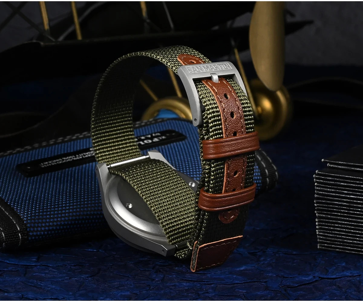 Classic 18mm San Martin Nylon / Leather One-Piece Military Watch Strap, New!