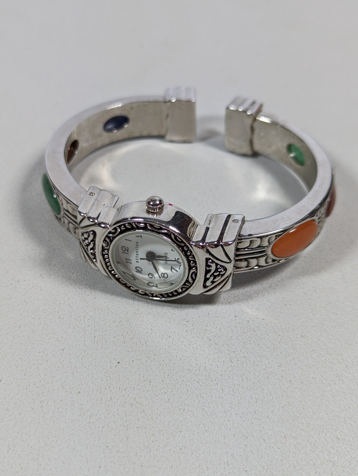 White Dial Silver Tone Multicolor Glass Bead Open Cuff Hinge Band Watch 6.5 Inch