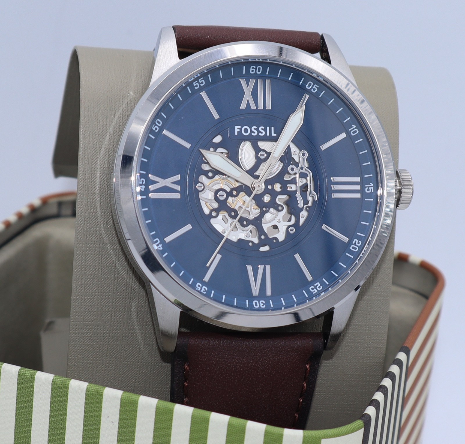 Fossil Flynn Silver Blue Brown Leather Skeleton BQM7128 Mens Watch