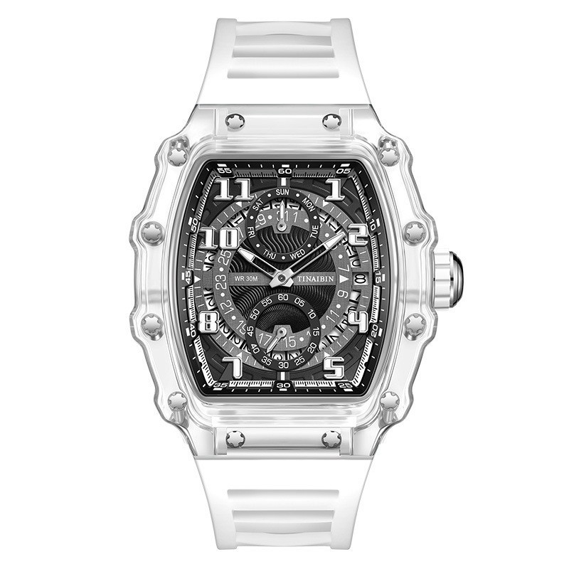 Fashion Luxury Barrel Shape Skeleton Watch Men’s Quartz Sport Watch Rubber Band