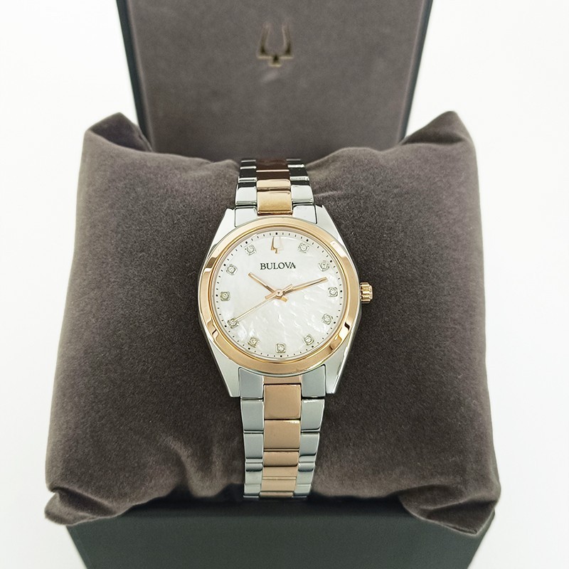 Bulova Surveyor Diamonds Gold Bracelet White Dial Women 98P207 Quartz Watch 31mm
