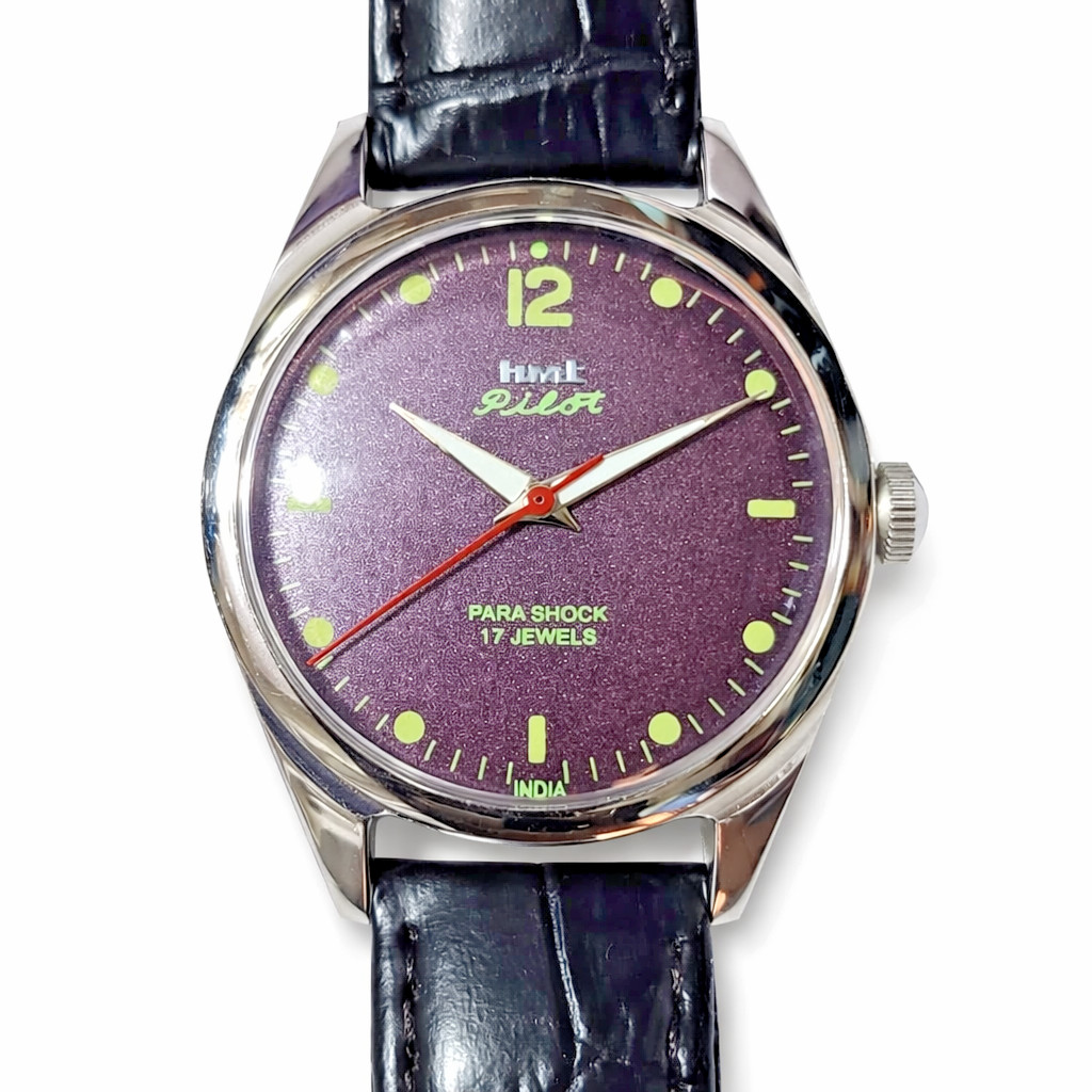 Rare HMT Pilot Purple Sunburst Dial 17 Jewels Mechanical Hand Winding Watch Ind