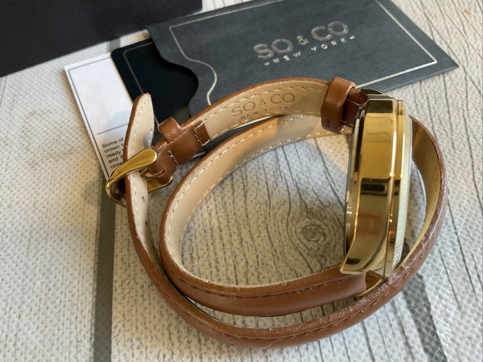 SO & CO New York, Quartz Leather Double Wrap Strap Gold & Brown NEW In Box