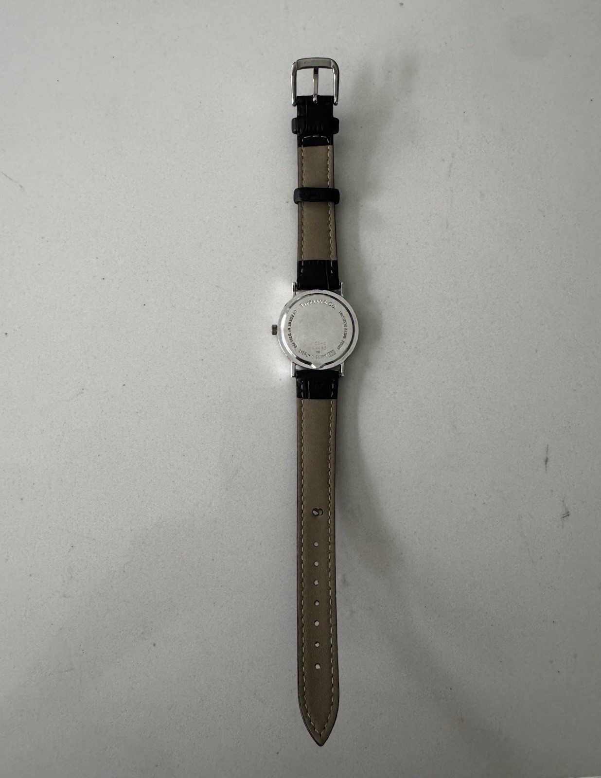 Tiffany & Co. Atlas Swiss Made M0640 Quartz Sterling Silver Watch Black Leather