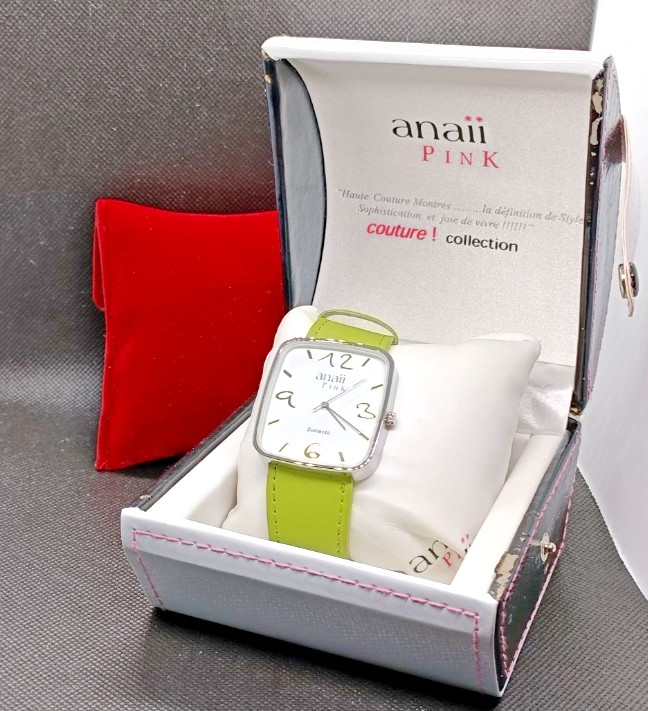 ANAII PINK Ladies Green Strap Square Case Quartz Watch – VGC & Working