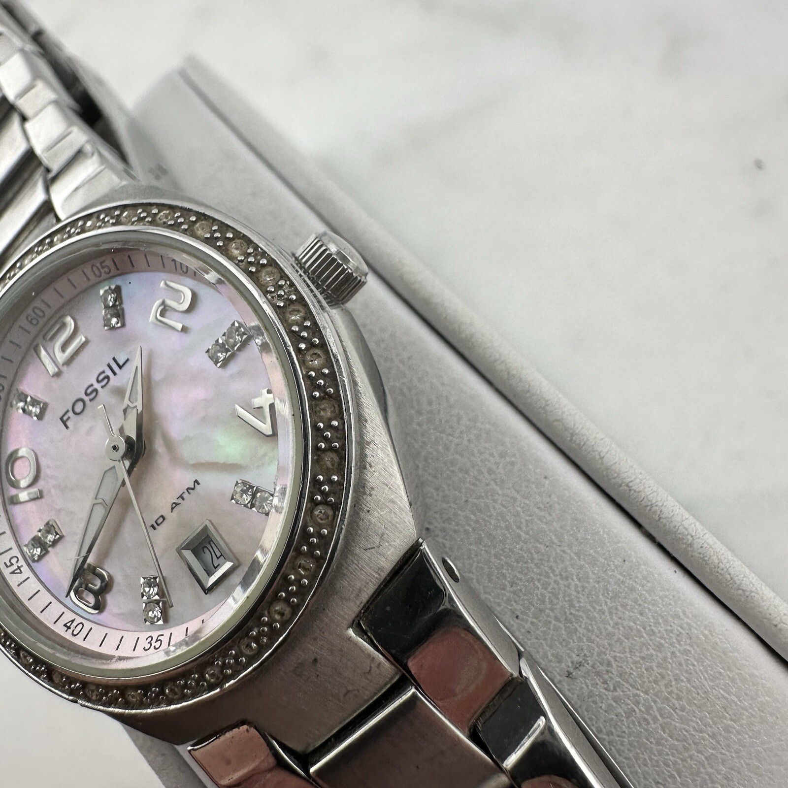 Fossil Flash Watch Women 28mm Silver Tone Date Bling MOP Dial New Battery Sz 6”