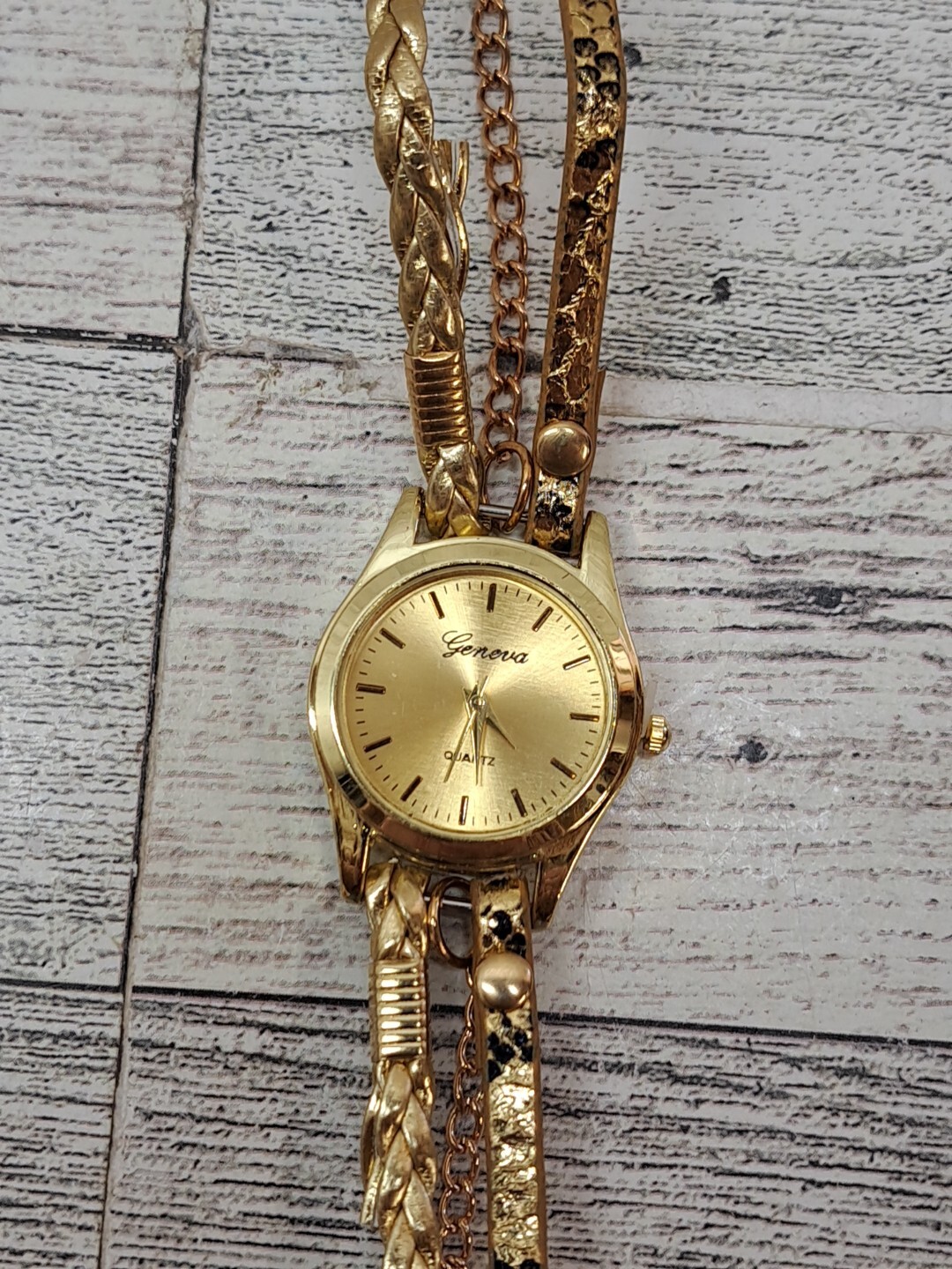 Geneva Women’s Watch Button Snap Multi Braid Snake Skin Gold Tone Bracelet Band
