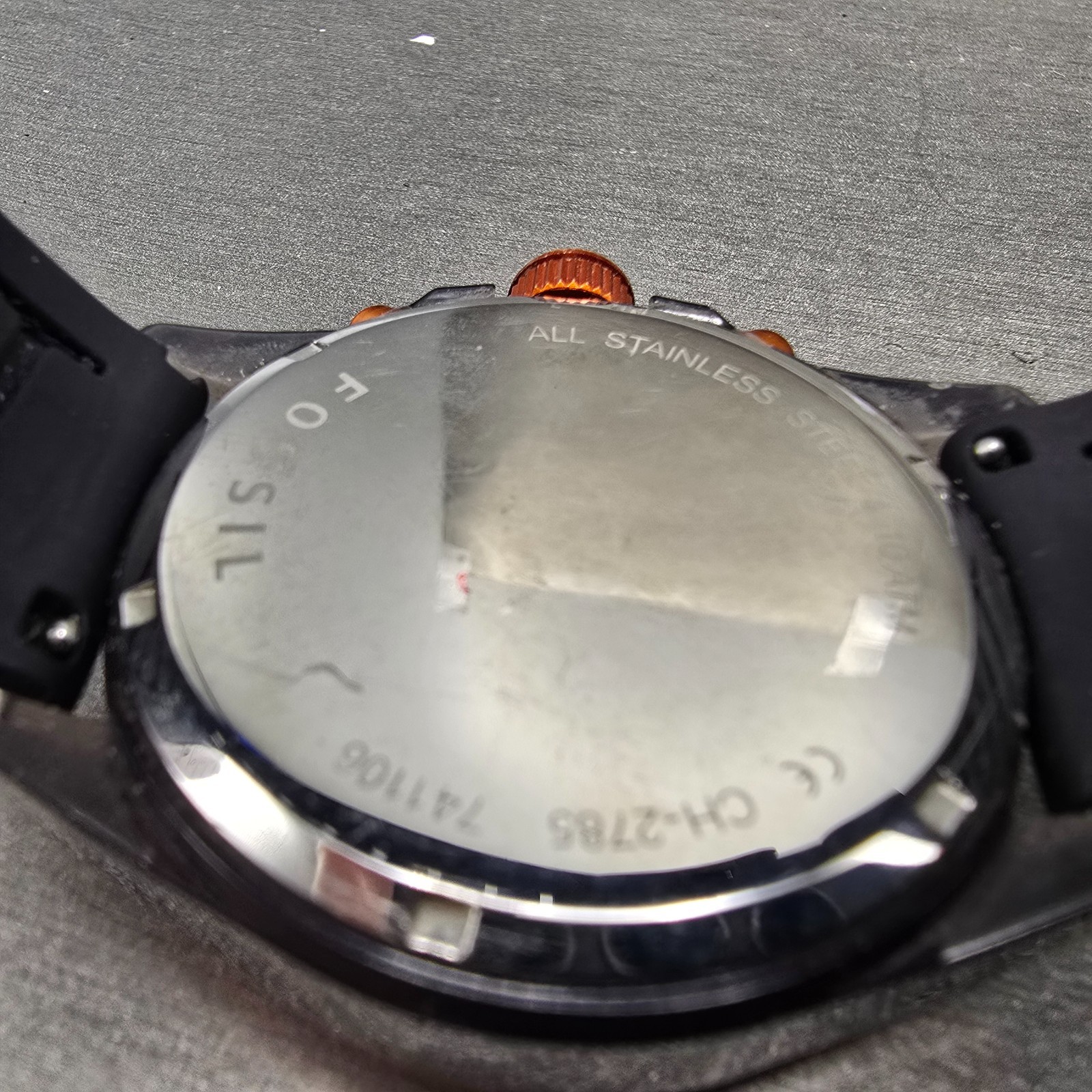Fossil Chronograph Watch Men 43mm Black Dial Gray Tone Orange CH-2785 NewBattery