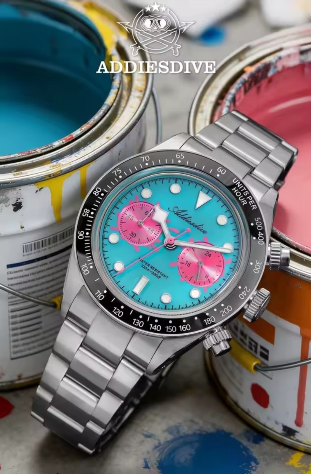 ADDIESDIVE AD2520 Men’s Chronograph Watch VK64 Quartz 40mm 100m Blue Pink New