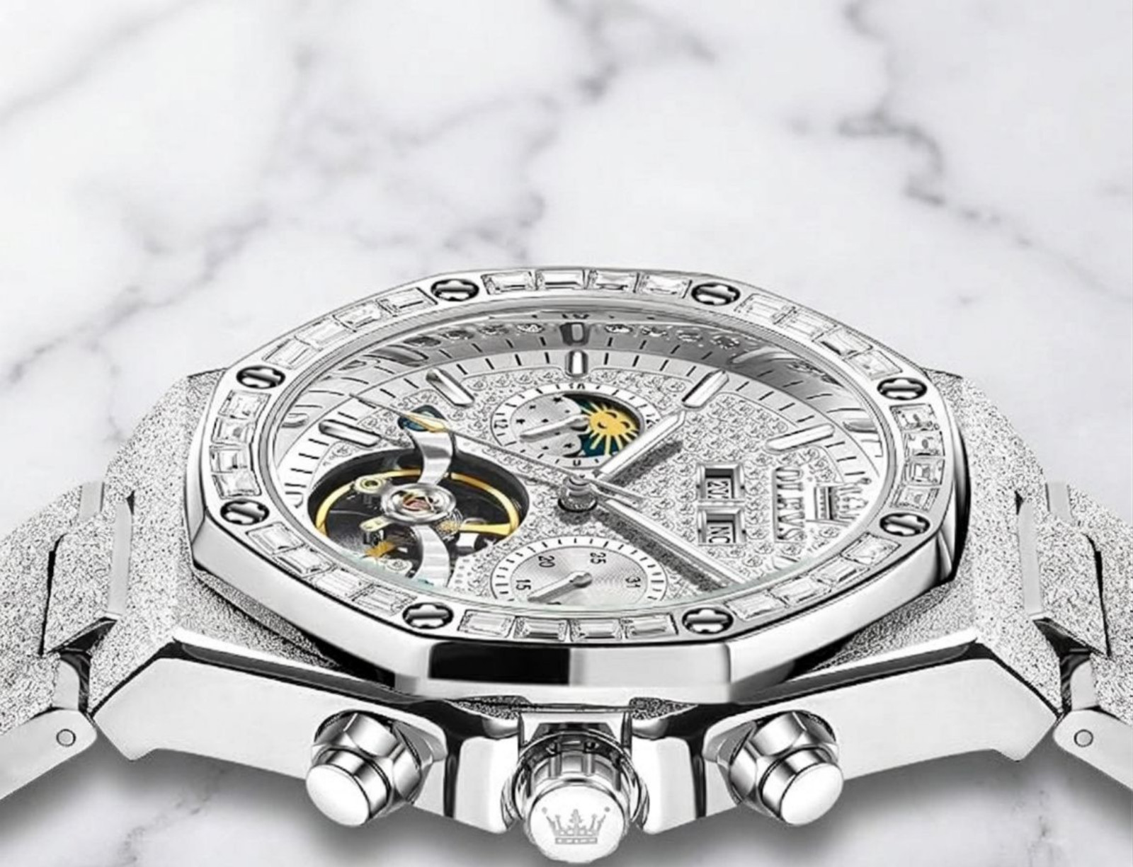 Men Luxury Silver Business Watch Self Winding Wristwatch Silver Dial Bling Olevs