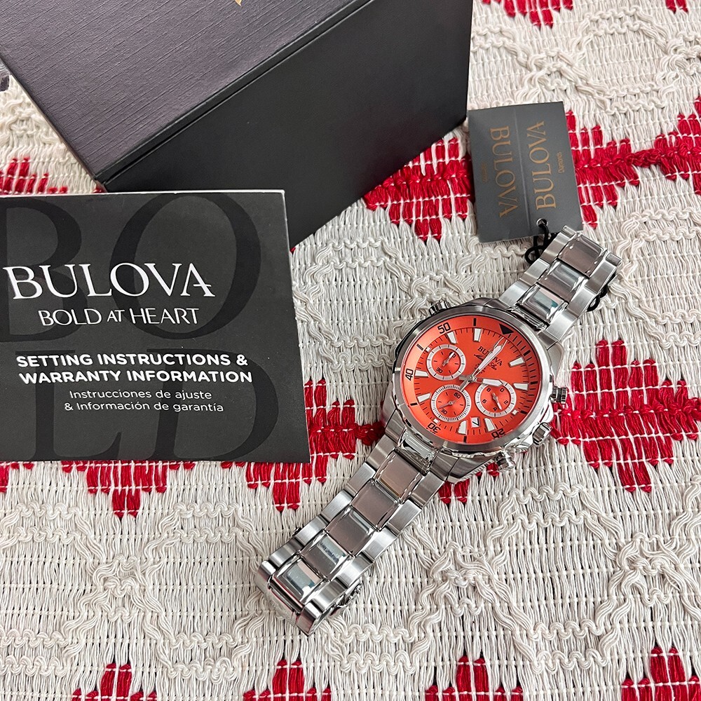New Classic Bulova Marine Star 96B395 Orange Dial 43mm Chrono Quartz Men’s Watch