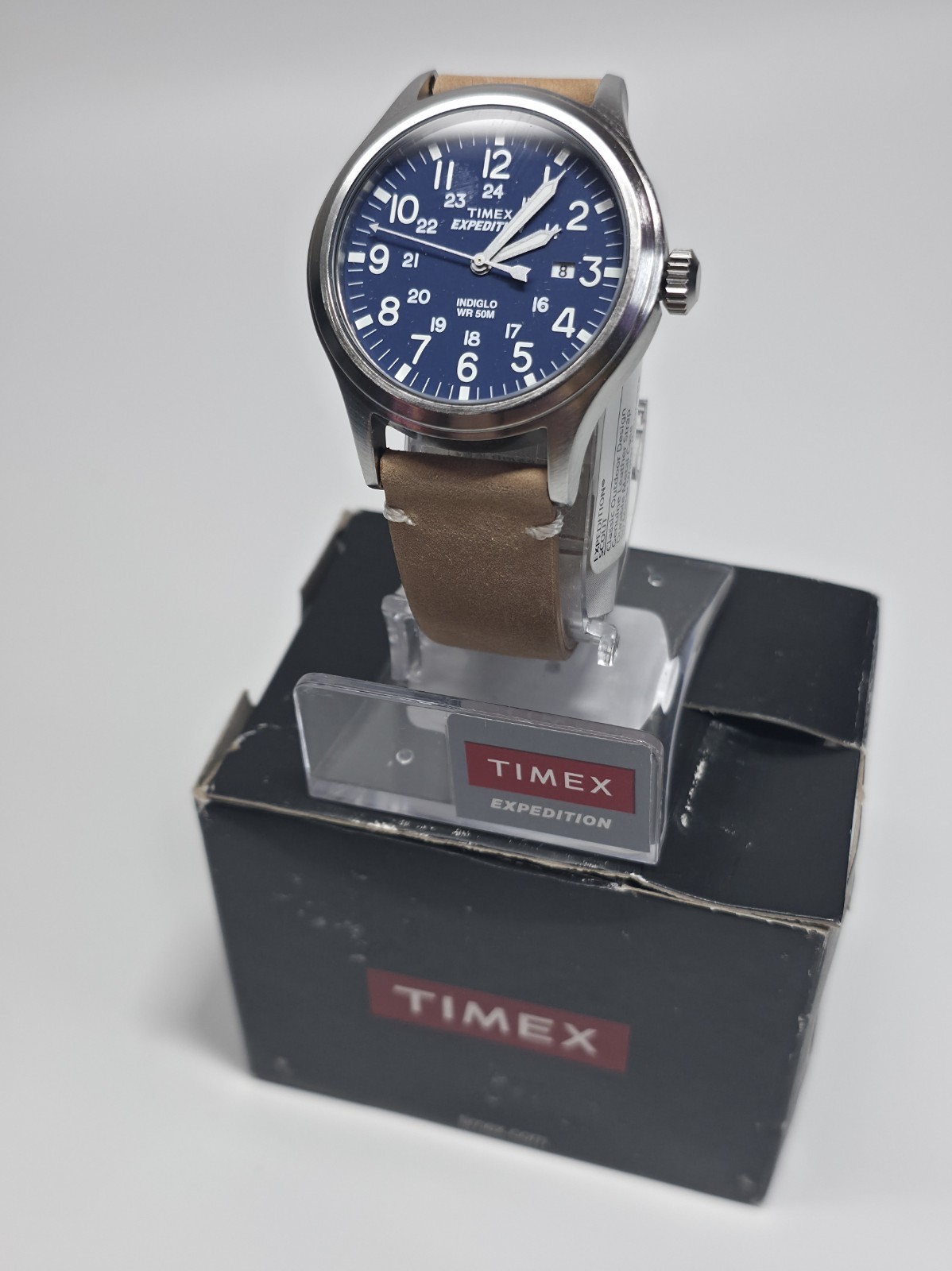 Timex Expedition Scout Quartz Watch | Blue Dial, Tan Leather Strap | NIB