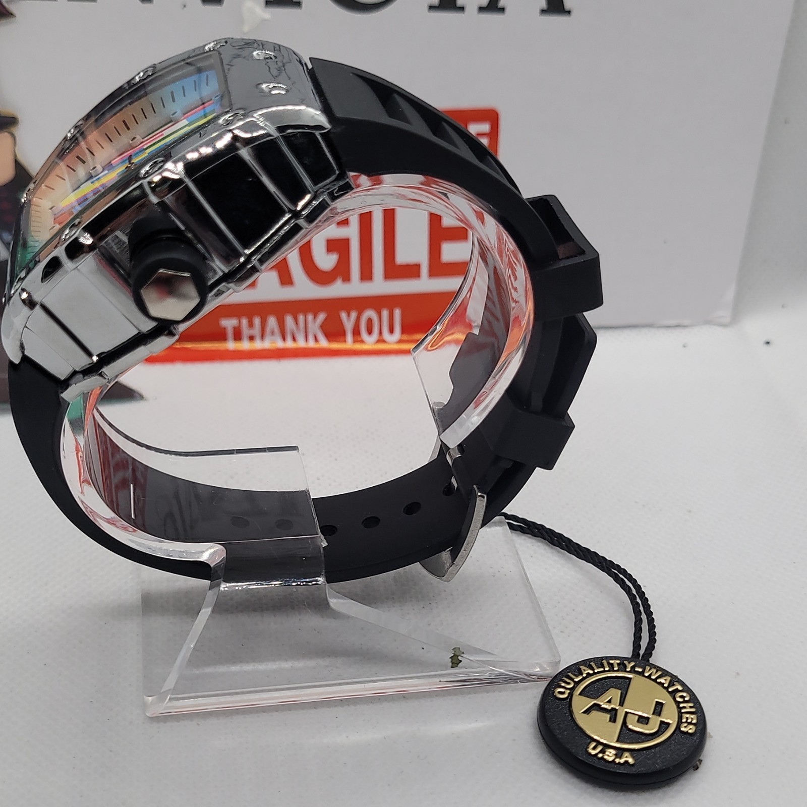 440 AJ wave multicolor graffiti dial tonneau black rubber strap water-resistant