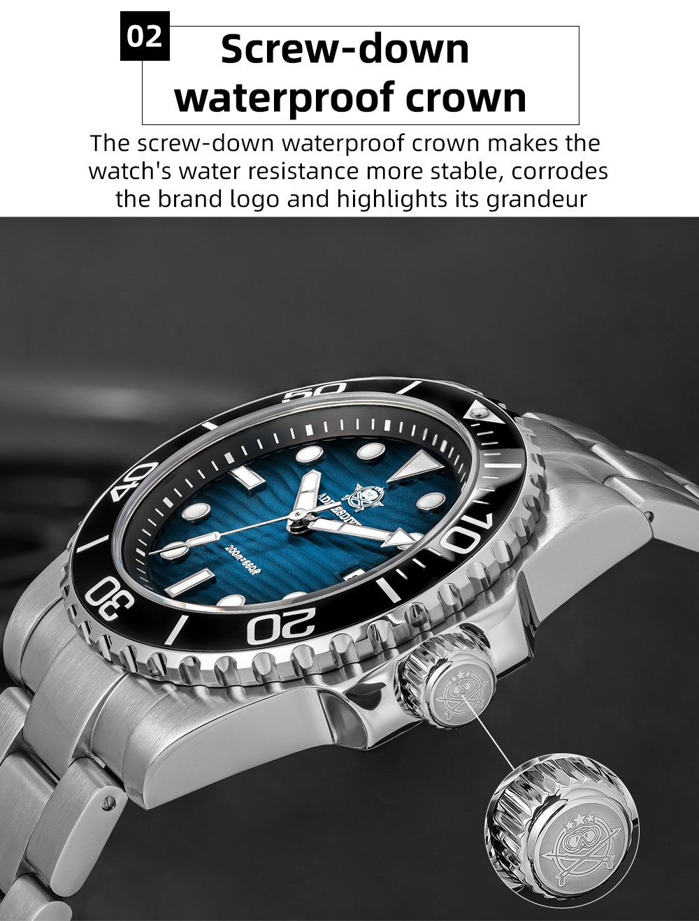 ADDIESDIVE AD2537 Men’s Quartz Diving Watch 41mm 200M Waterproof Blue Wave New